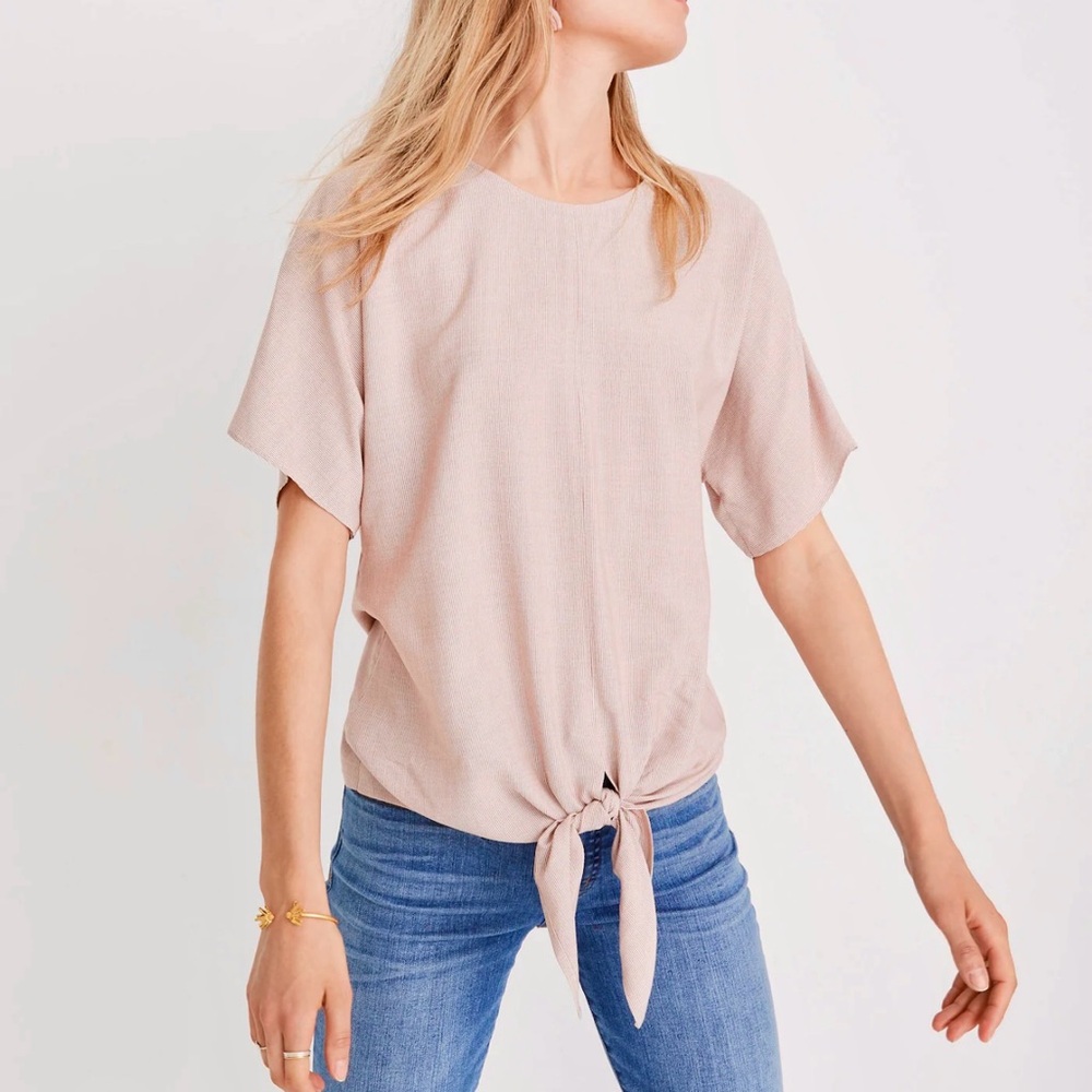 Madewell Cream and Tan Tie-Front Short Sleeve Top with Buttons on the back